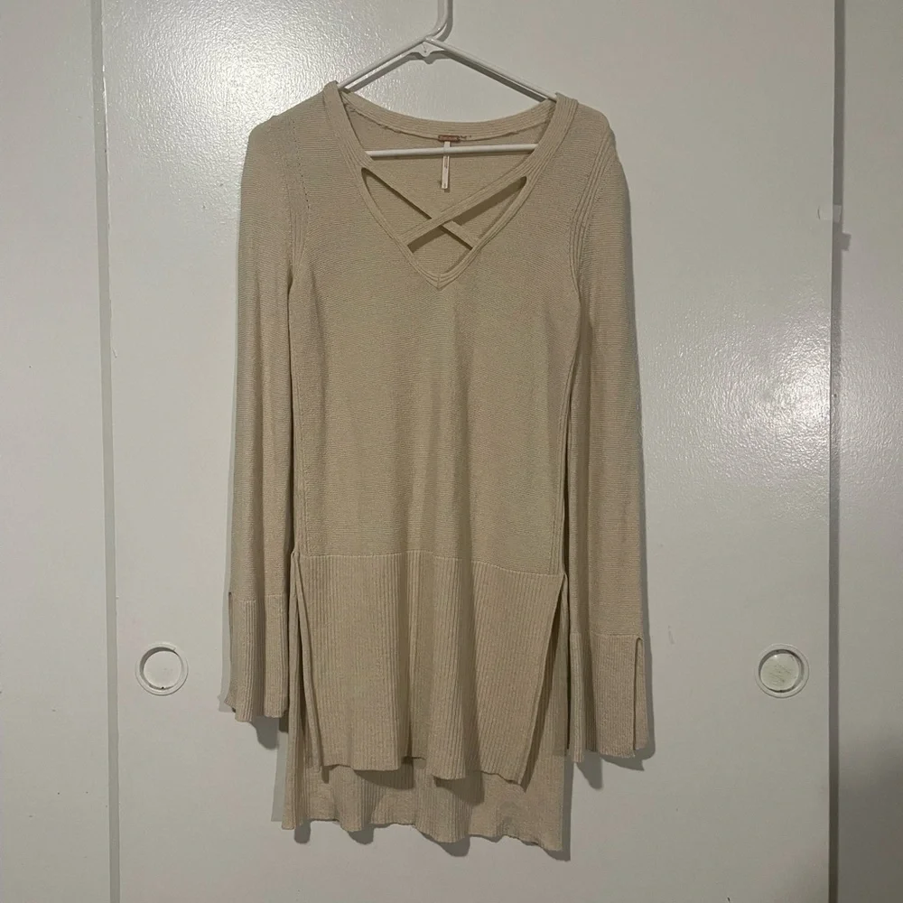 Free People small crisscross tunic sweater top cream side slits linen